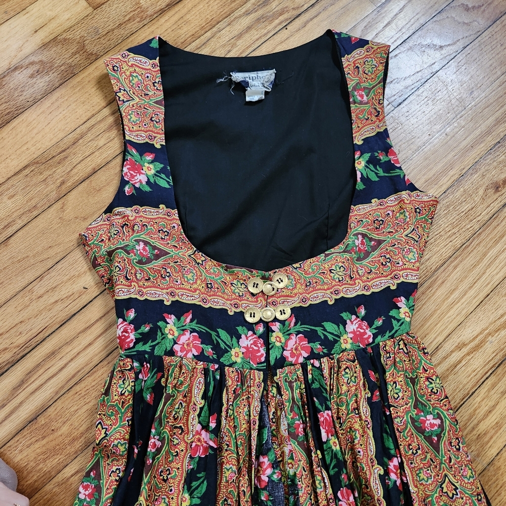 Vintage 1970s Floral Paisley Gold Green Navy Rose Duster Vest Maxi Dress